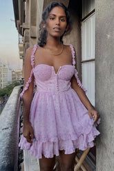 Robe d'été courte à volants superposés et imprimé floral - Lilas